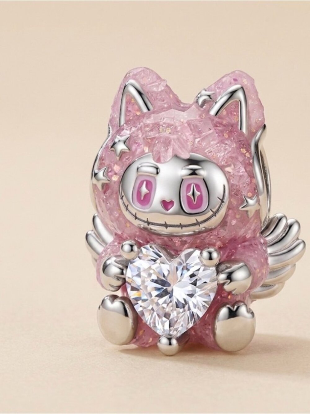 Pink Cat Charm with Heart Crystal
